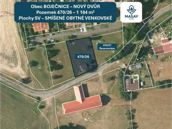 Pozemek Bor 470/26, letecký snímek s vyznačenou parcelou
