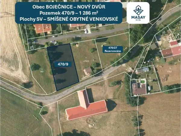 Pozemek Bor 470/9, letecký snímek s vyznačenou parcelou
