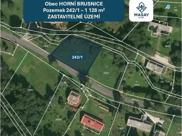 Pozemek Horní Brusnice 242/1, letecký snímek s vyznačenou parcelou