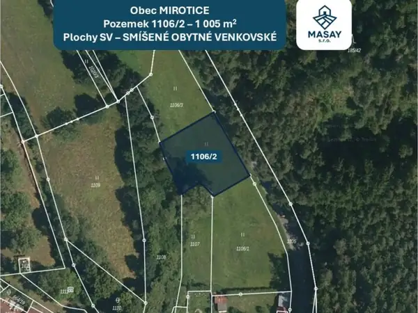 Pozemek Mirotice 1106/2, letecký snímek s vyznačenou parcelou