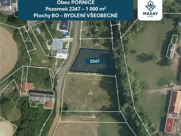 Pozemek Pornice 2347, letecký snímek s vyznačenou parcelou